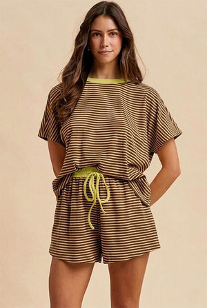 ANNIEWEAR Women's Set MOCHA/GOLD / S Loose Fit Striped Knit Top & Mini Shorts Set 9278SMG