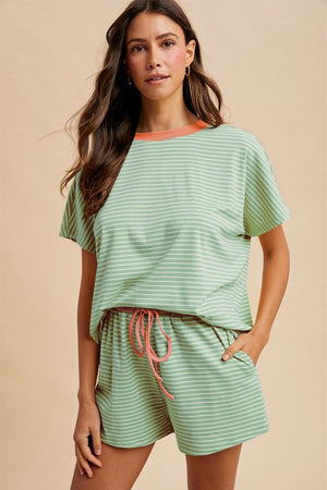 ANNIEWEAR Women's Set PISTACHIO/SALMON / S Loose Fit Striped Knit Top & Mini Shorts Set 9278PS