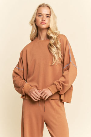 DAVI & DANI Women's Sweaters CARAMEL / S Contrast Stitch Crewneck Sweatshirts DT52040