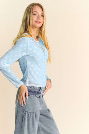 DAVI & DANI Women's Top Ribbon Embroidered Long-Sleeve Layered Mesh Top 