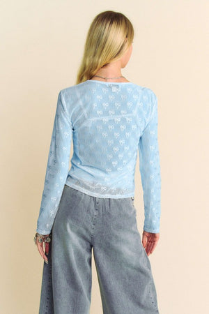 DAVI & DANI Women's Top Ribbon Embroidered Long-Sleeve Layered Mesh Top 