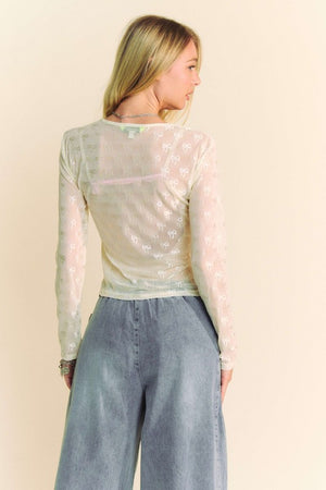 DAVI & DANI Women's Top Ribbon Embroidered Long-Sleeve Layered Mesh Top 