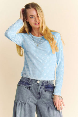 DAVI & DANI Women's Top SKY BLUE / S Ribbon Embroidered Long-Sleeve Layered Mesh Top  DT40076A
