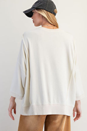 EASEL Women's Sweaters Bow Patch Bottom Hem Washed Terry Pullover || David's Clothing