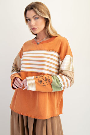EASEL Women's Top Stripe Mix Terry Soft Washed Pullover || David's Clothing
