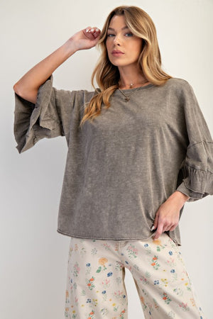 EASEL Women's Top Wing Ruffle Slvs Washed Cotton Slub Top || David's Clothing