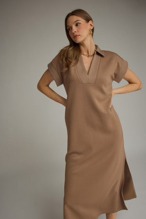 ENTRO INC Women's Dress Solid Collared Short Sleeve Midi Dress