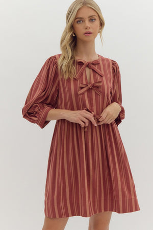 ENTRO INC Women's Dresses CHESTN / S Stripe Half Sleeve V Neck Mini Dress || David's Clothing D24938
