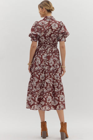 ENTRO INC Women's Dresses Floral Pattern Cuff Band Short Puff Sleeve Midi Dress || David's Clothing
