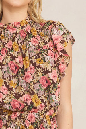 ENTRO INC Women's Dresses Floral Print Mock Neck Short Sleeve Mini Dress || David's Clothing