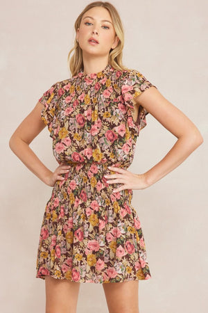 ENTRO INC Women's Dresses Floral Print Mock Neck Short Sleeve Mini Dress || David's Clothing