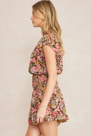 ENTRO INC Women's Dresses Floral Print Mock Neck Short Sleeve Mini Dress || David's Clothing