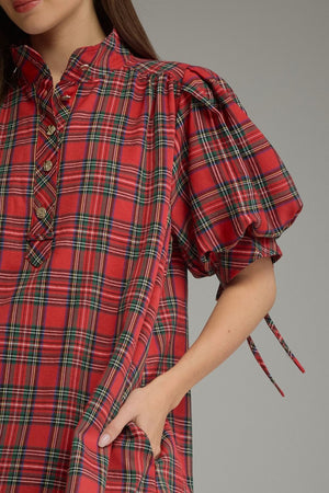 ENTRO INC Women's Dresses Holiday Plaid Short Puff Sleeve Mini Dress