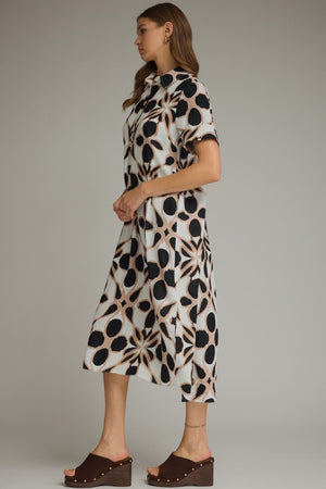 ENTRO INC Women's Dresses Pattern Print Short Sleeve Midi Shirt Dress