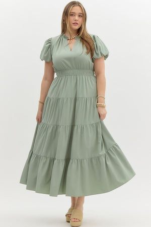 ENTRO INC Women's Dresses SAGE / XL V-Neck Bubble Sleeve Tiered Midi Dress Plus Size || David's Clothing D20735P