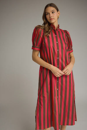 ENTRO INC Women's Dresses Stripe Print Short Puff Sleeve Midi Dress