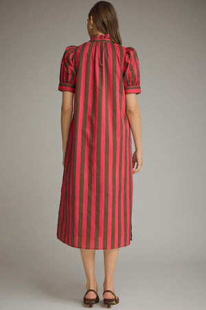 ENTRO INC Women's Dresses Stripe Print Short Puff Sleeve Midi Dress