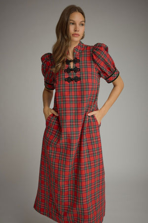 ENTRO INC Women's Dresses Tartan Plaid Short Puff Sleeve Midi Dress
