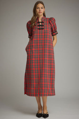 ENTRO INC Women's Dresses Tartan Plaid Short Puff Sleeve Midi Dress