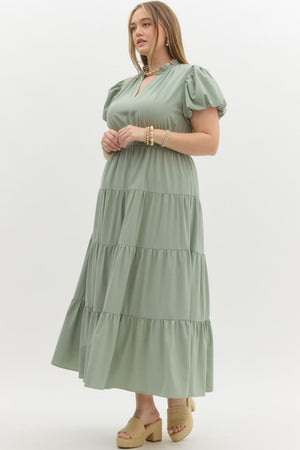 ENTRO INC Women's Dresses V-Neck Bubble Sleeve Tiered Midi Dress Plus Size || David's Clothing