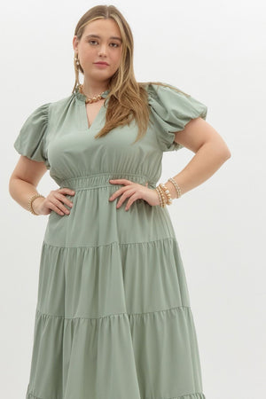 ENTRO INC Women's Dresses V-Neck Bubble Sleeve Tiered Midi Dress Plus Size || David's Clothing