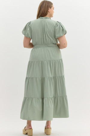 ENTRO INC Women's Dresses V-Neck Bubble Sleeve Tiered Midi Dress Plus Size || David's Clothing