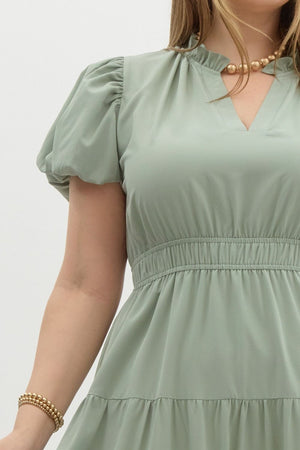 ENTRO INC Women's Dresses V-Neck Bubble Sleeve Tiered Midi Dress Plus Size || David's Clothing