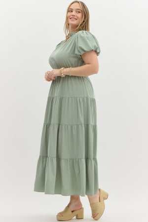 ENTRO INC Women's Dresses V-Neck Bubble Sleeve Tiered Midi Dress Plus Size || David's Clothing