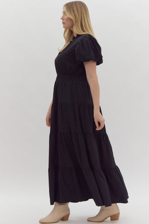 ENTRO INC Women's Dresses V-Neck Bubble Sleeve Tiered Midi Dress Plus Size || David's Clothing