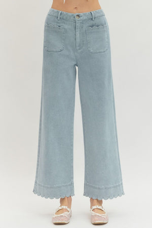 ENTRO INC Women's Jeans Solid Wide Leg Pants Featuring Scallop Accent Trim