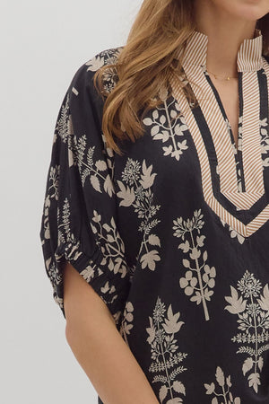 ENTRO INC Women's Top Abstract Botanical Print Short Dolman Sleeve Top