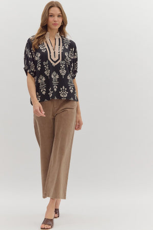 ENTRO INC Women's Top Abstract Botanical Print Short Dolman Sleeve Top