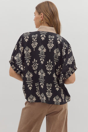 ENTRO INC Women's Top Abstract Botanical Print Short Dolman Sleeve Top