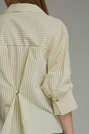 ENTRO INC Women's Top Bunched Sleeve Striped Button Down Top