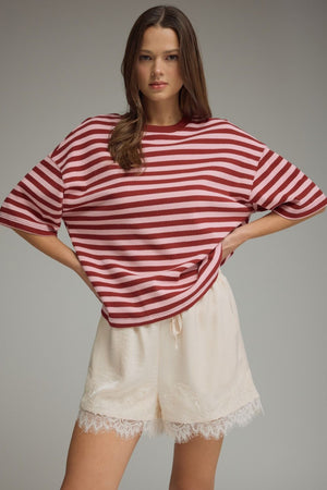 ENTRO INC Women's Top BURGUNDY / S Ribbed Striped Short Sleeve Top T31806
