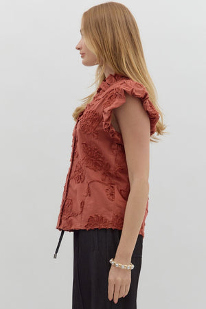 ENTRO INC Women's Top Floral Appliqué Bubble Flutter Sleeve Top || David's Clothing