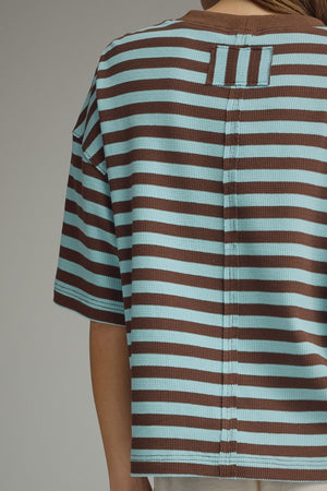ENTRO INC Women's Top Ribbed Striped Short Sleeve Top