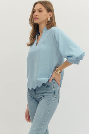 ENTRO INC Women's Top Solid 3/4 Sleeve Scallop Hem V-Cut Top