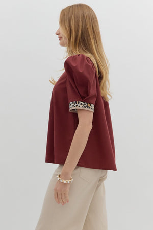 ENTRO INC Women's Top Solid Pleated Short Voluminous Sleeve Pullover Top