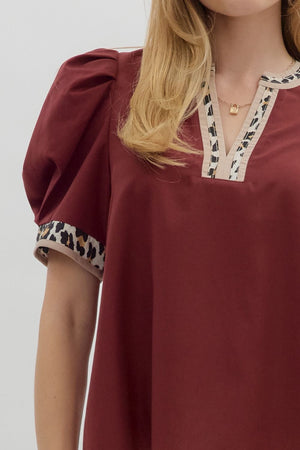 ENTRO INC Women's Top Solid Pleated Short Voluminous Sleeve Pullover Top