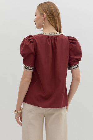 ENTRO INC Women's Top Solid Pleated Short Voluminous Sleeve Pullover Top
