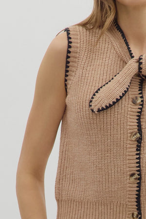 ENTRO INC Women's Top Solid Sleeveless Sweater Knit Button Front Knot Closure Top || David's Clothing