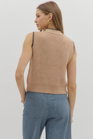 ENTRO INC Women's Top Solid Sleeveless Sweater Knit Button Front Knot Closure Top || David's Clothing