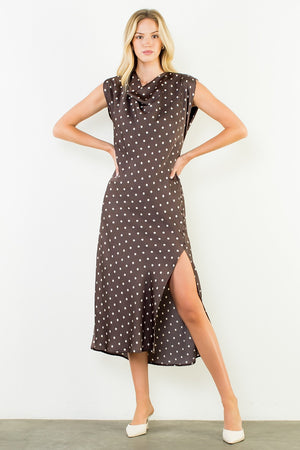 Cowl Neck Polka Dot Slit Dress