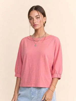 Raw Edge Boat Neck Puff Sleeve Knit Top