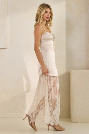 HONEY MANGO Women's Dresses Lace Trim Satin Maxi Slip Dress