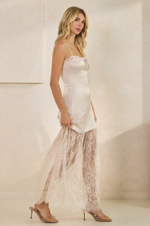 HONEY MANGO Women's Dresses Lace Trim Satin Maxi Slip Dress