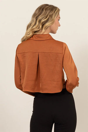 HYFVE INC. 22-Women's Woven Top Button-Down Silky Cropped Shirt || David's Clothing