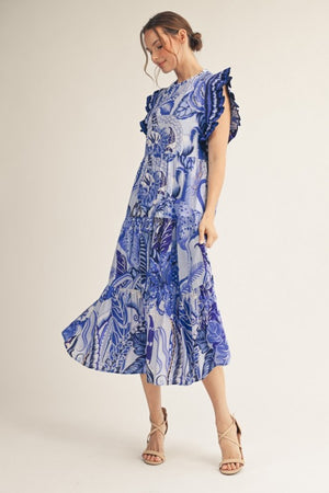 JODIFL Women's Dresses Ruffle Sleeves Boho Tropical Midi Dress