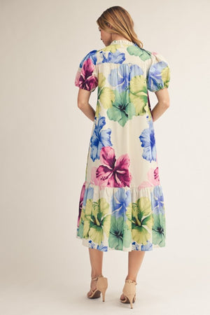 JODIFL Women's Dresses Ruffled Neckline Big Floral Print Midi Dress